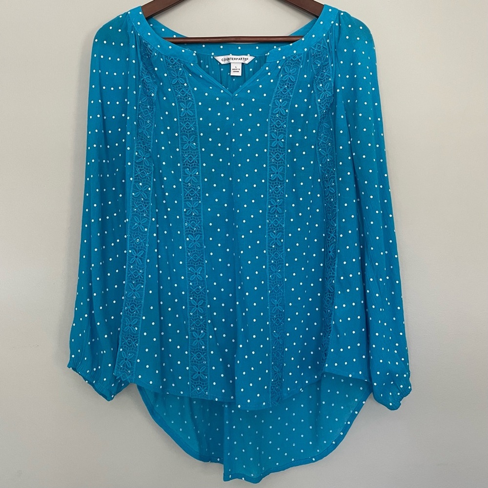 Turquoise Blue Blouse Top Polka dots Boho Lightweight Crochet Lace Women’s L